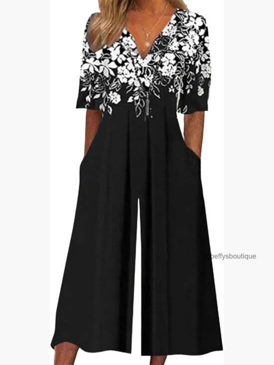 Pants - Wide Leg Jumpsuit with Pockets V Neck Short Sleeve Floral